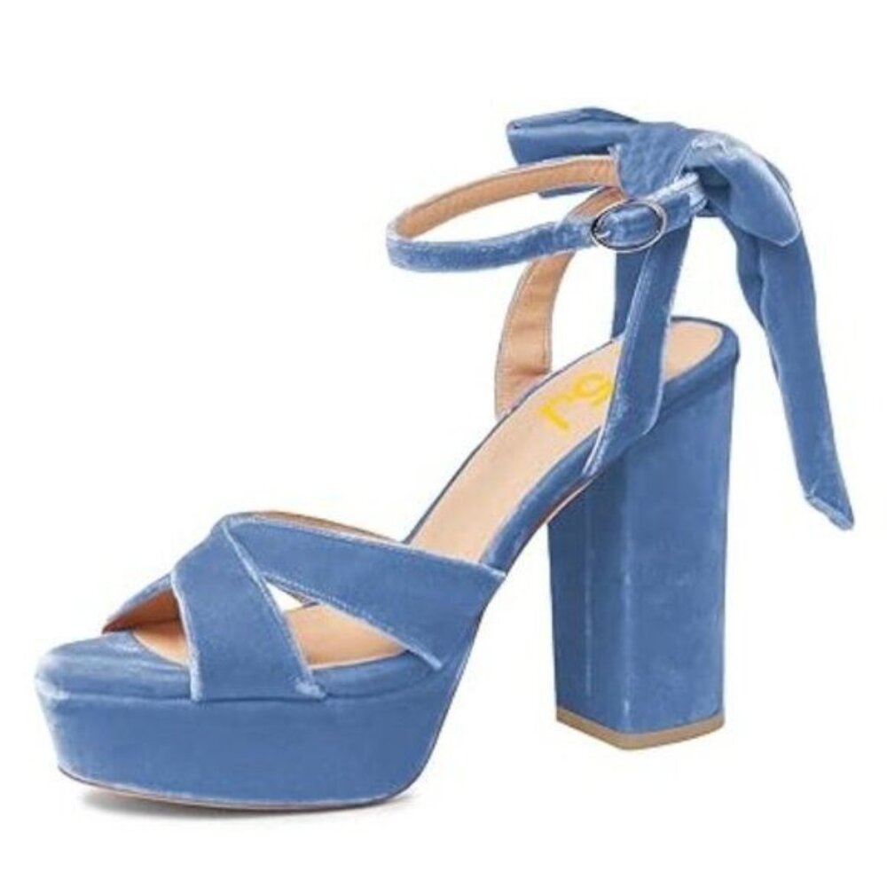 FSJ Women Platform Chunky Heel Sandals Velvet Peep Toe Bowtie Ankle Strap NIB
